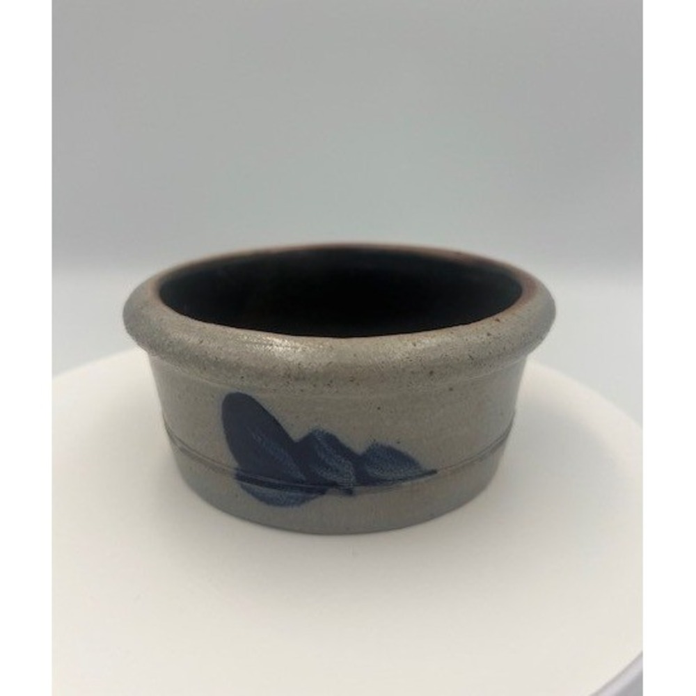 Rowe Pottery Works Salt Glaze Stoneware Ramekin Grey Cobalt Blue Leaf 4in